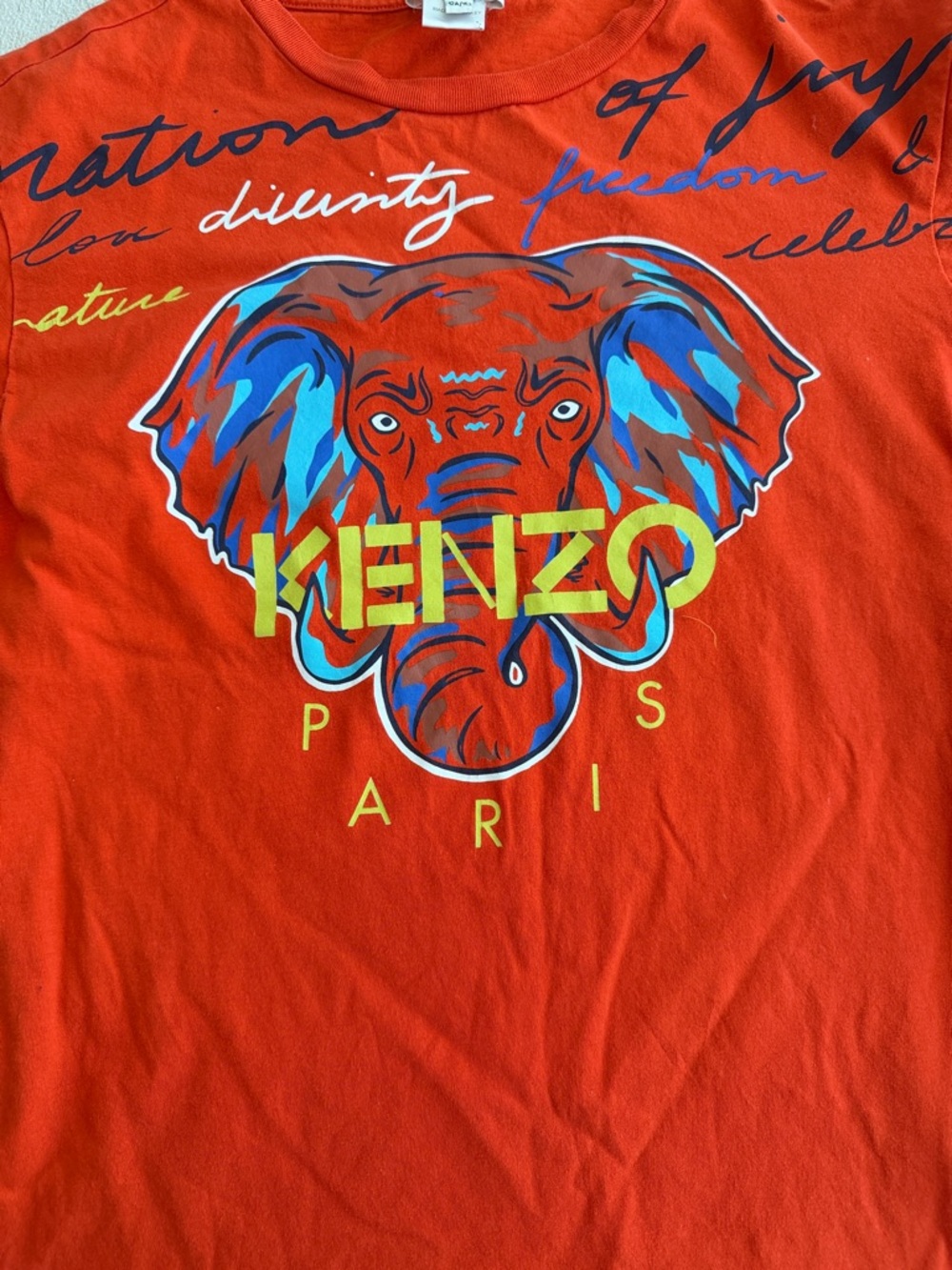Kenzo Orange Tee with Blue and Yellow Elephant Graphic Boys 12